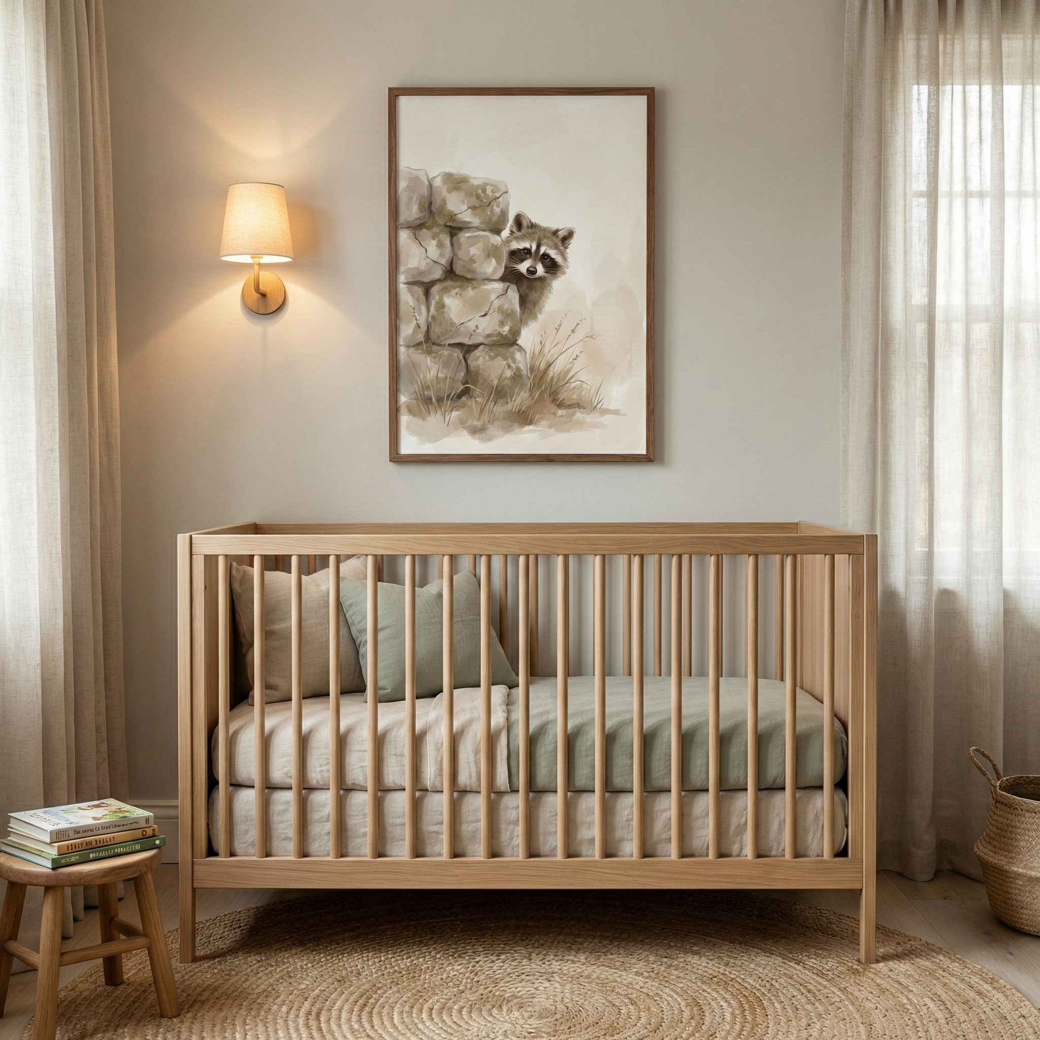 A serene nursery featuring a light-toned wooden crib set against a neutral wall. Above the crib, a vertical framed artwork displays a watercolor illustration of a raccoon peeking from behind a stone wall. To the left of the art, a wall-mounted sconce with a fabric shade provides warm lighting. The room is accented with sheer curtains on both sides, a circular jute rug on the floor, and a small wooden stool topped with books to the left. 
