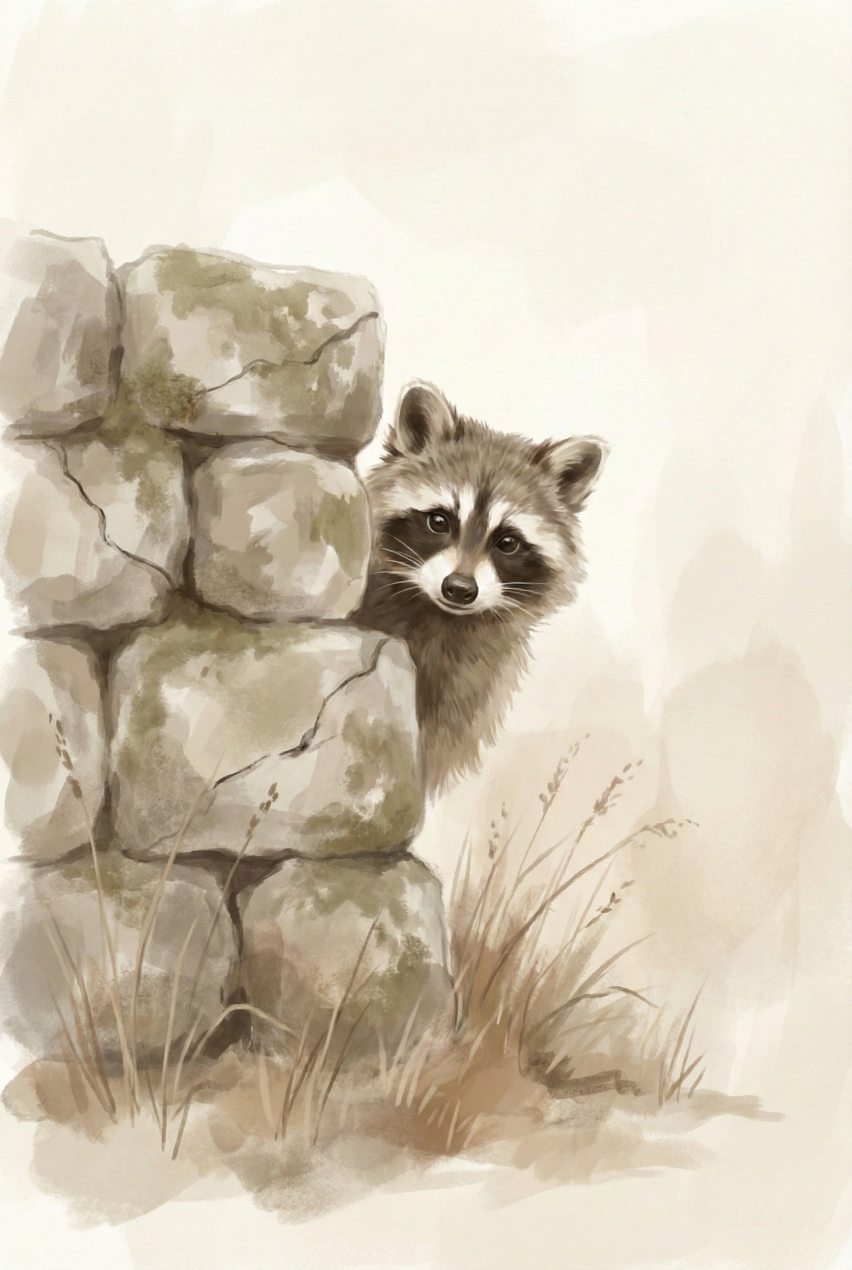 Watercolor illustration of a raccoon peeking from behind a stacked stone wall, painted in soft neutral woodland tones with a gentle nursery-friendly feel.

