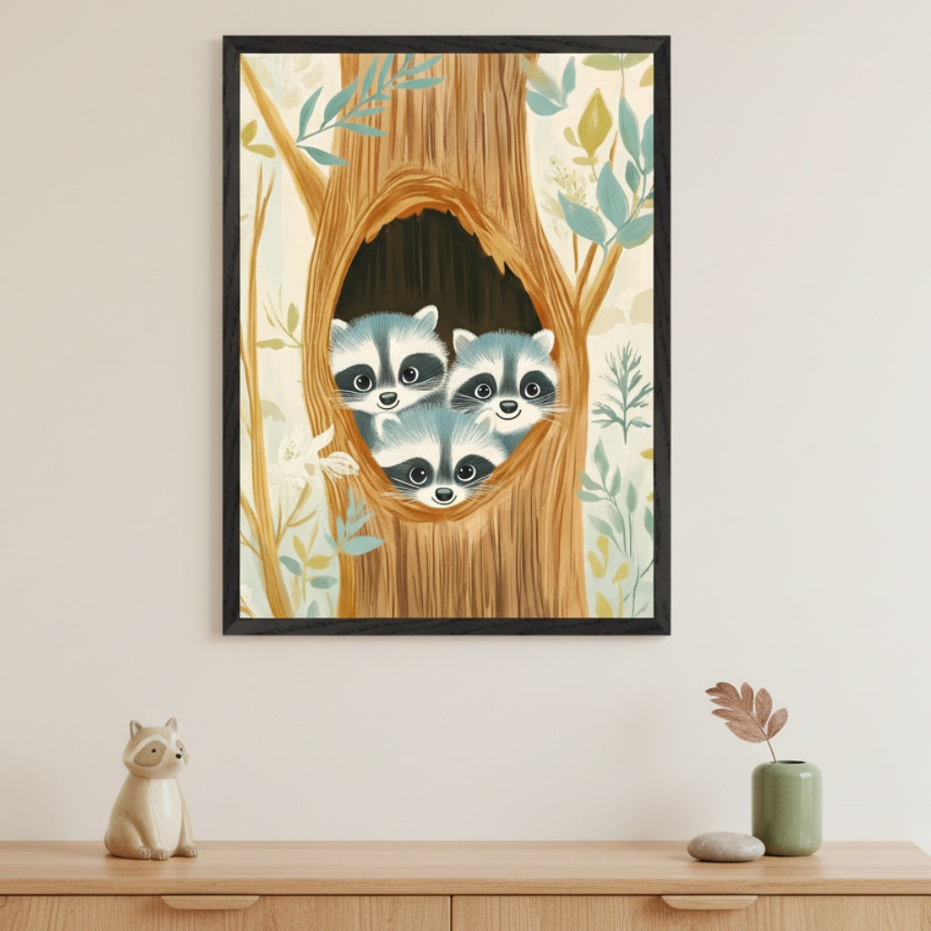Modern minimalist room with a light wood dresser. A black-framed illustration of three cartoon raccoons in a tree hollow hangs centered above the dresser. A raccoon figurine and a vase are on the dresser.