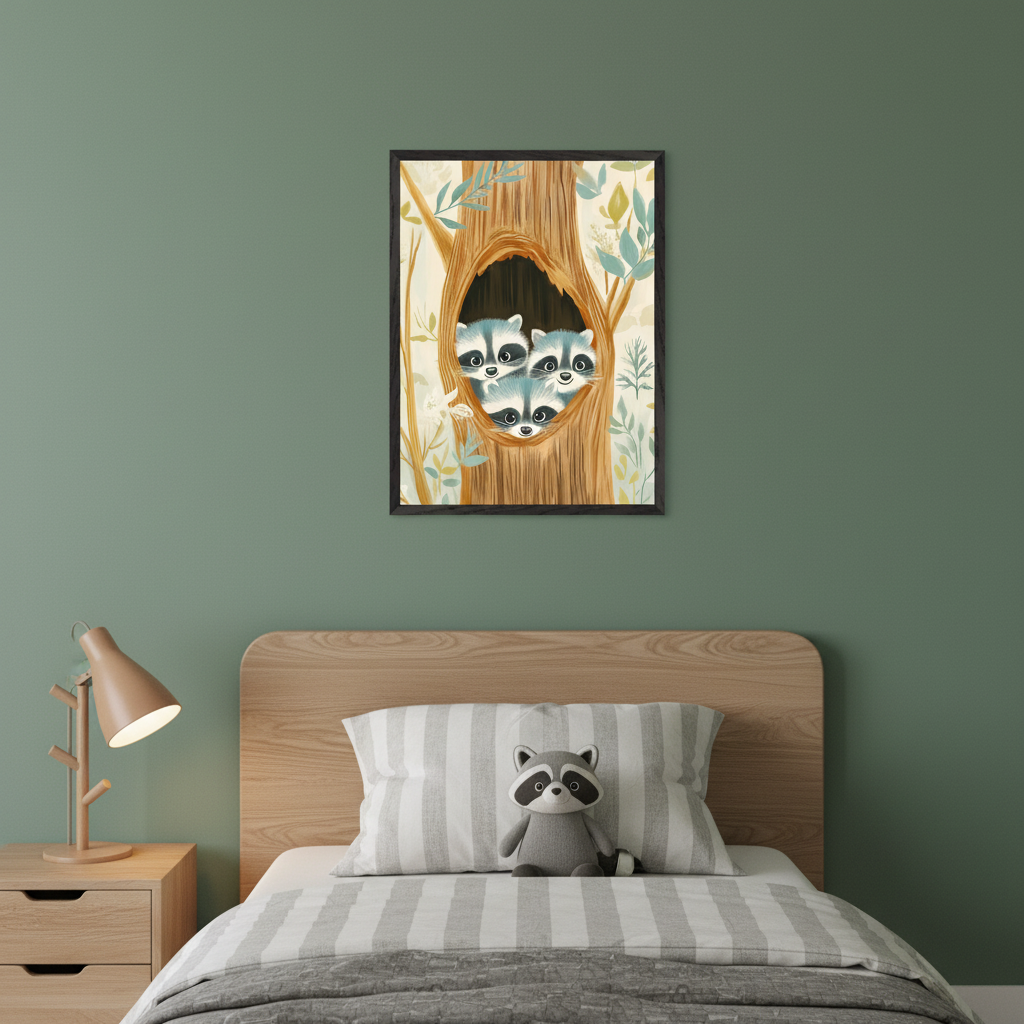 Kid's bedroom with a light wood bed and nightstand. A dark-framed illustration of three cartoon raccoons in a tree hollow hangs centered above the bed. A raccoon plushie sits on the bed, next to a tree-branch lamp on the nightstand.