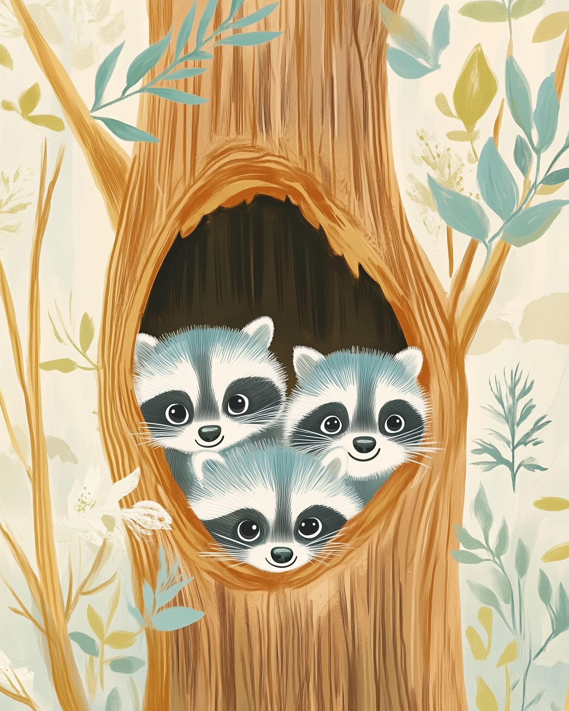 Tree Trunk Trio - Raccoons Wall Art for Nursery, Playroom or Kids Bedrooms