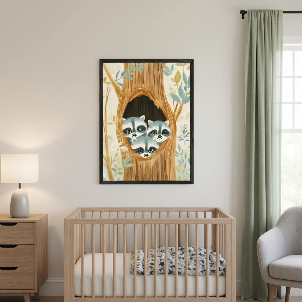 Modern nursery with a wooden crib, dresser with lamp, and gray armchair. A framed illustration of three cartoon raccoons peeking from a tree hollow hangs centered above the crib.