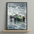 A framed illustration depicts a vintage green race car with the number 18, speeding through a rain-soaked track, splashing water dramatically. The driver, wearing a helmet, is focused as dark clouds loom overhead, adding intensity to the scene.