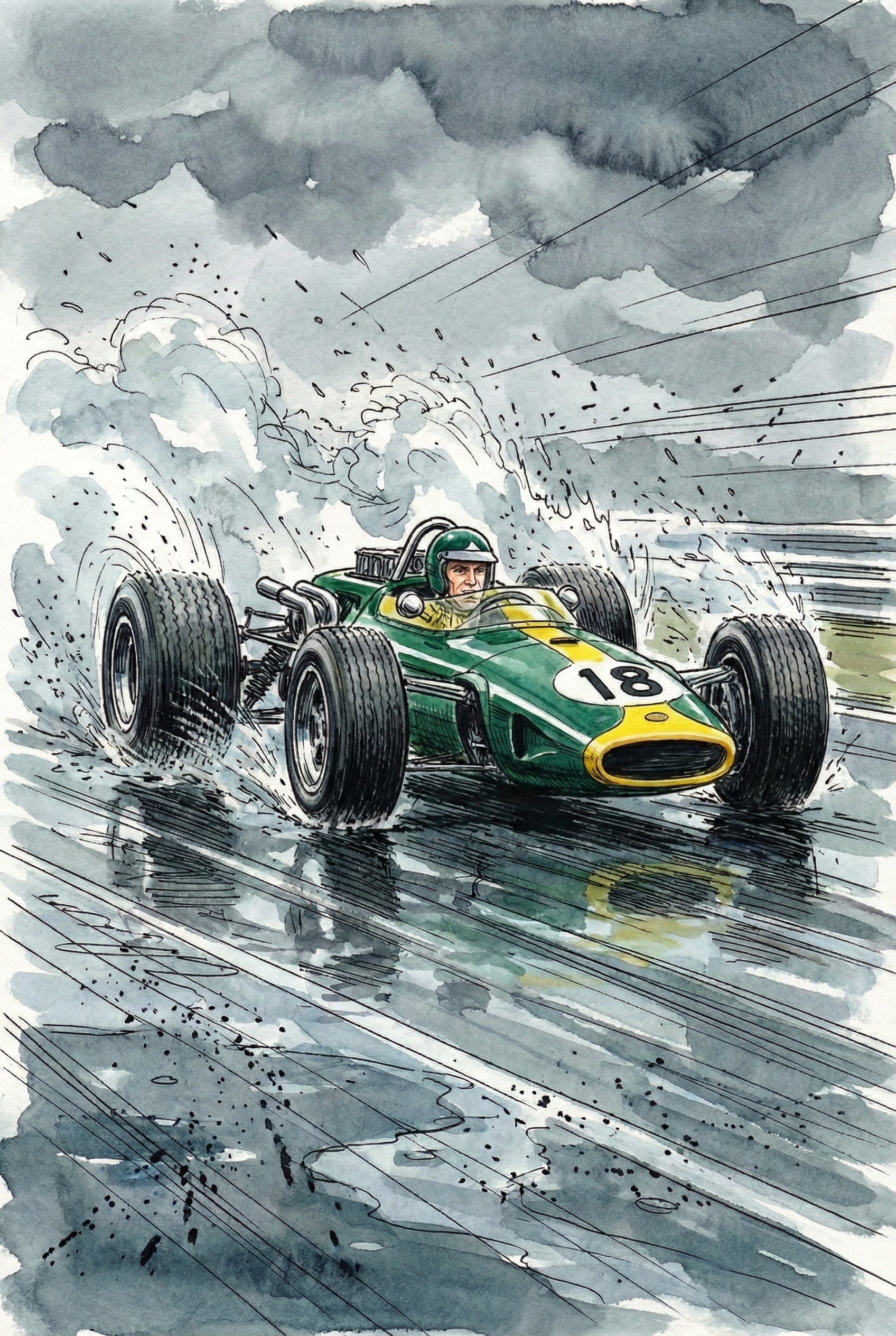 A dynamic watercolor and ink illustration depicts a vintage green and yellow open-wheel race car numbered 18 speeding across a rain-slicked track. A massive plume of water spray trails behind the vehicle, merging into a dark, overcast sky filled with heavy grey clouds. The driver, wearing a green helmet, is visible in the cockpit. Energetic ink lines and atmospheric washes of color emphasize the high speed and the intensity of the storm.