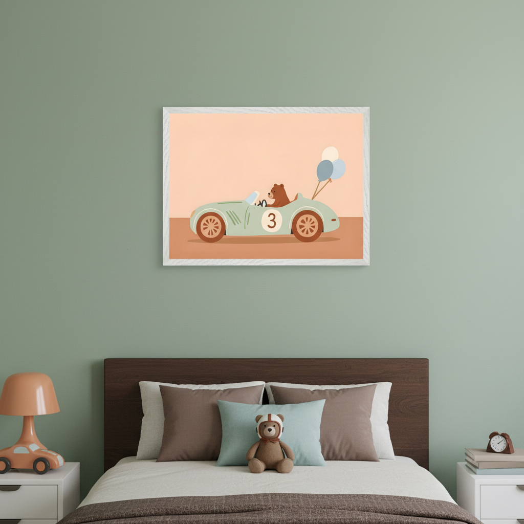 Kid's bedroom with a bed and dark wood headboard. A framed illustration of a brown bear driving a teal race car with balloons and the number 3, on an orange background, hangs centered above the bed.