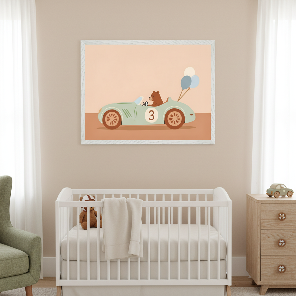 Modern nursery with a white crib and light wood dresser. A large white framed print hangs centered above the crib, depicting a cartoon bear driving a light green vintage race car with number 3 and balloons, on a peach background.