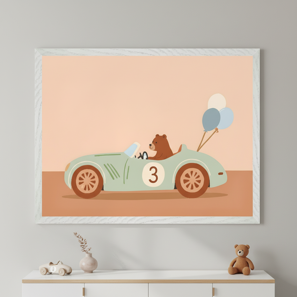 Modern kid's room with a white dresser topped by a wooden toy car and teddy bear. A large framed print hangs centered above the dresser. The art depicts a brown bear driving a mint green vintage race car with number 3 and balloons, in a flat illustration style.