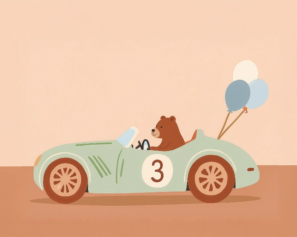 A cartoon bear is driving a light green race car with the number 3 on the side. The car has brown wheels and three balloons—blue, white, and gray—tied to the back. The background is a soft peach color.