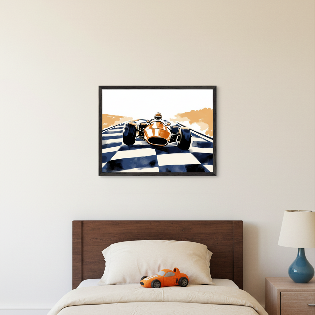 Kid's bedroom with a wooden bed. Above the bed, a framed graphic print depicts an orange vintage race car on a blue and white checkered track. An orange toy car rests on the bed, with a nightstand and blue lamp to the right.