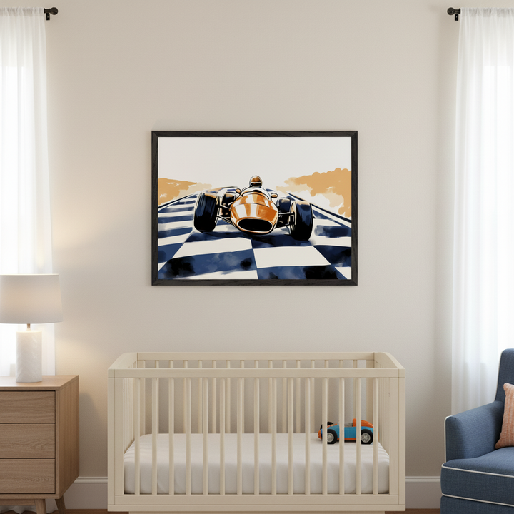 Modern nursery with a light wood crib, wooden dresser, and blue armchair. A large framed print of an orange vintage racing car on a blue and white checkered track, in a painterly style, hangs centered above the crib.