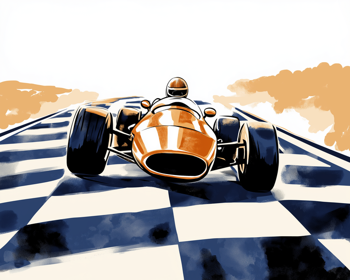 Stylized illustration of a vintage orange race car crossing a checkered finish line, with the driver in full helmet gear and clouds of dust in the background. The perspective emphasizes speed and motion as the car surges forward on the bold black-and-white racing stripes.