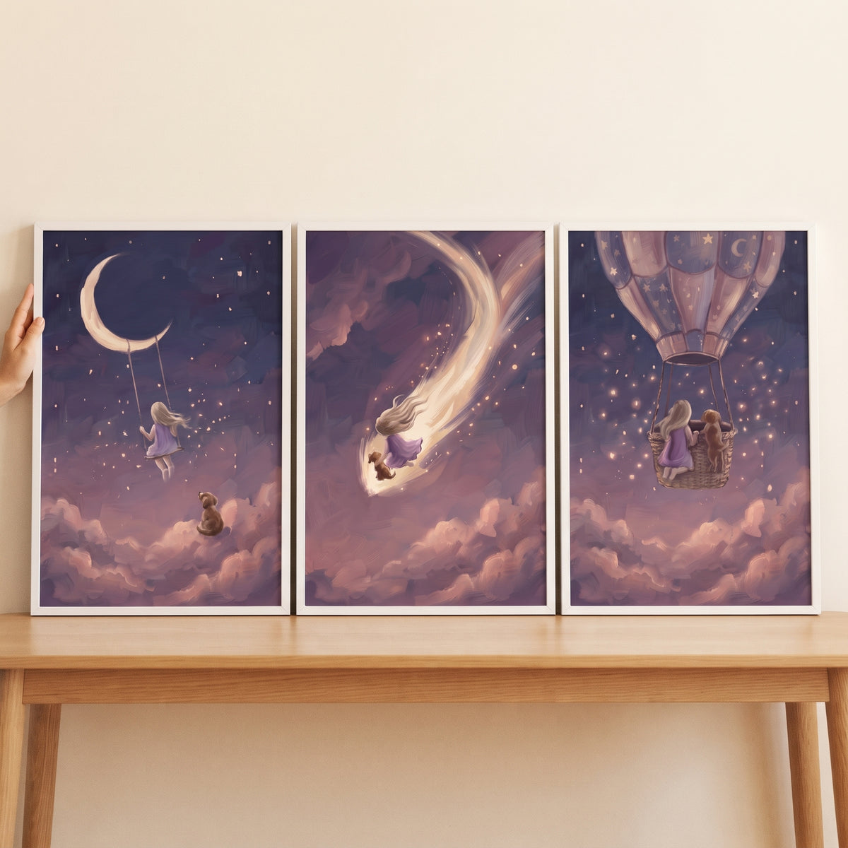 Radiant Purple Girl Dog Wall Art Set of 3 - Starry Night Travels