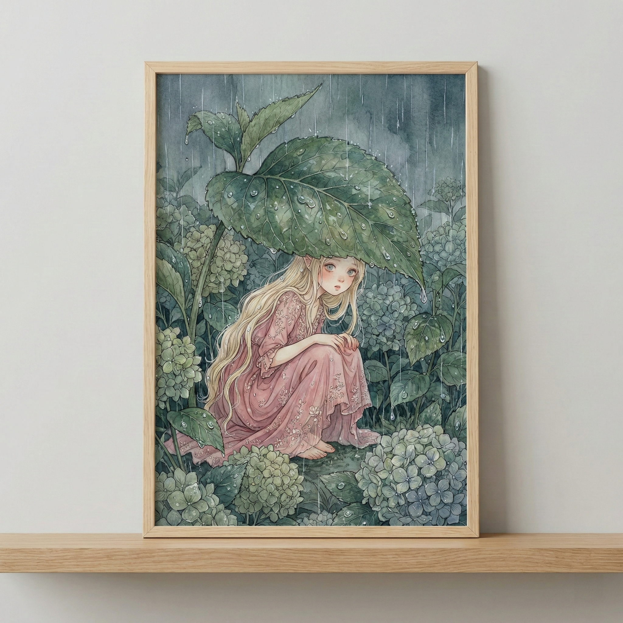 Rain Elf Wall Art - Rainy Leaf Shelter