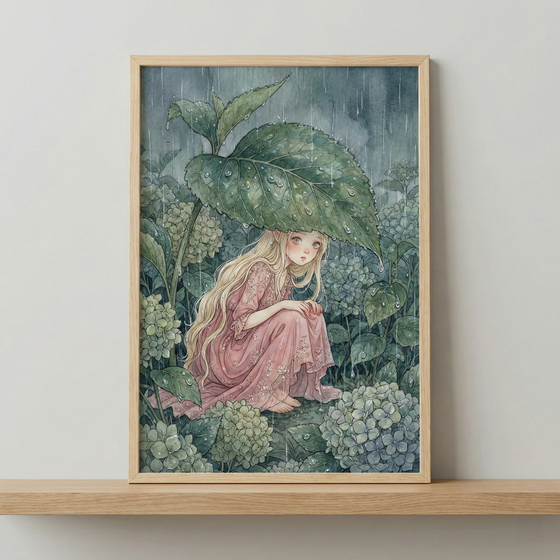 An illustration of a small girl with long blonde hair and pointed ears, wearing a soft pink lace dress. She is crouched in a garden, sheltering from the rain under a single large green leaf. Around her are clusters of blue and pale green flowers. The background shows delicate rain falling against a muted blue sky. This soft-colored artwork is held in a light wooden frame and rests on a matching wooden shelf.