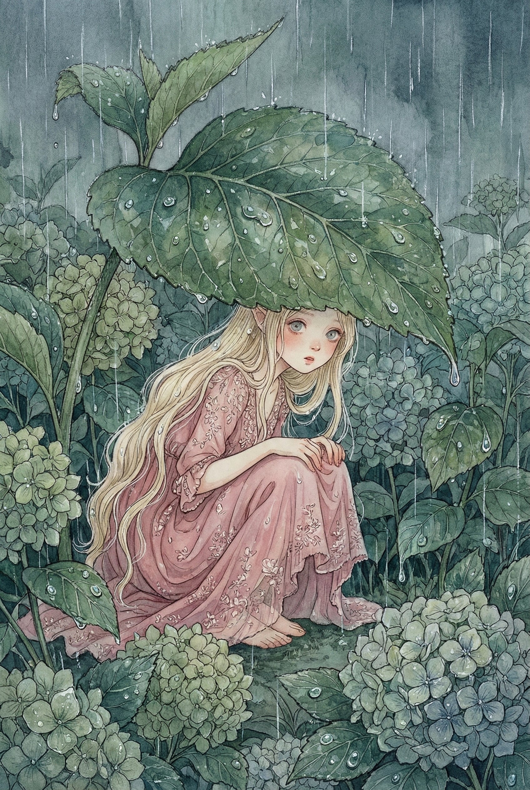 Rain Elf Wall Art - Rainy Leaf Shelter