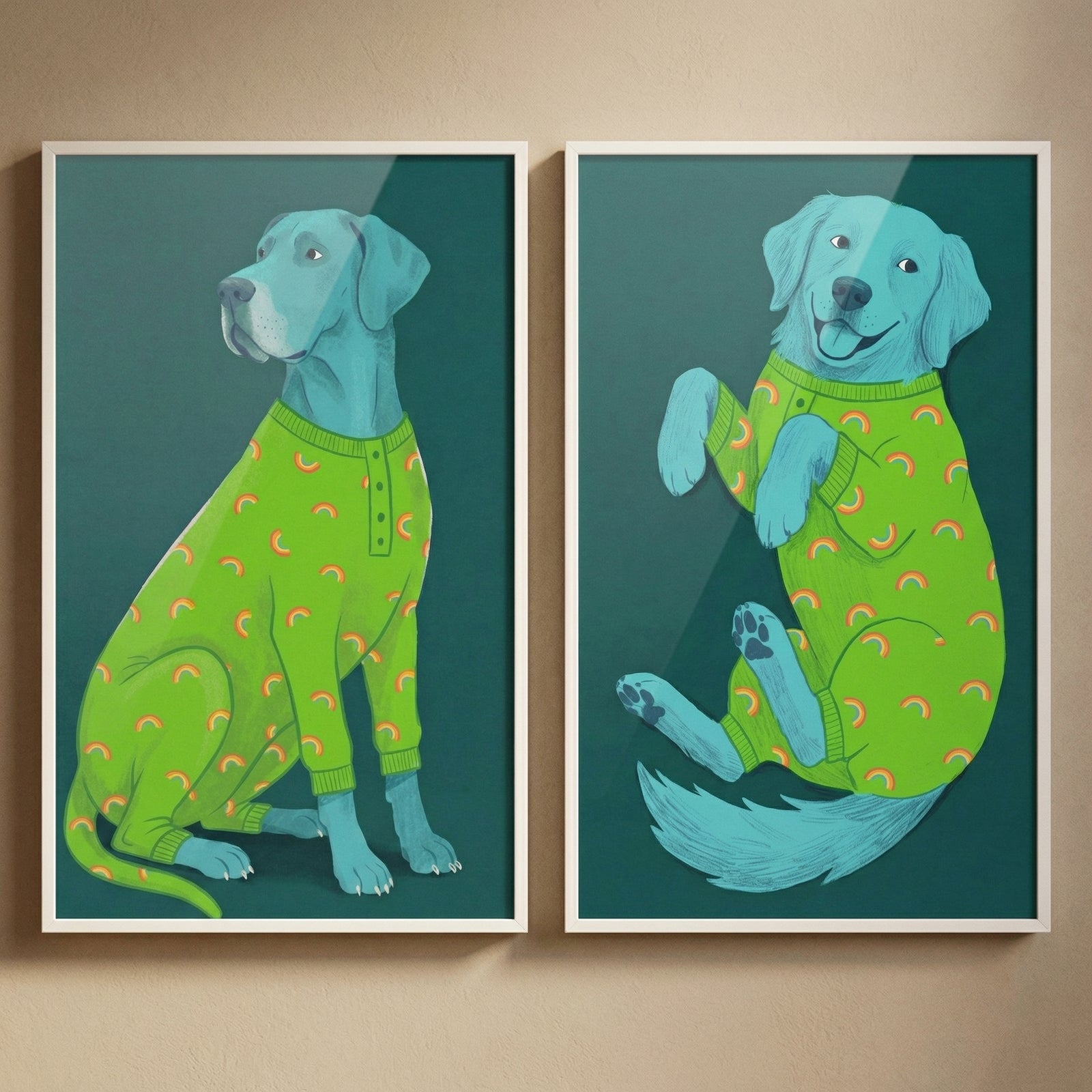A pair of modern digital graphic art prints framed side-by-side on a neutral wall. The left print features a tall, slender dog with light blue fur sitting upright in a dignified pose. The right print shows a fluffy, long-haired dog with light blue fur lying on its back in a playful, happy position with its tongue out. 