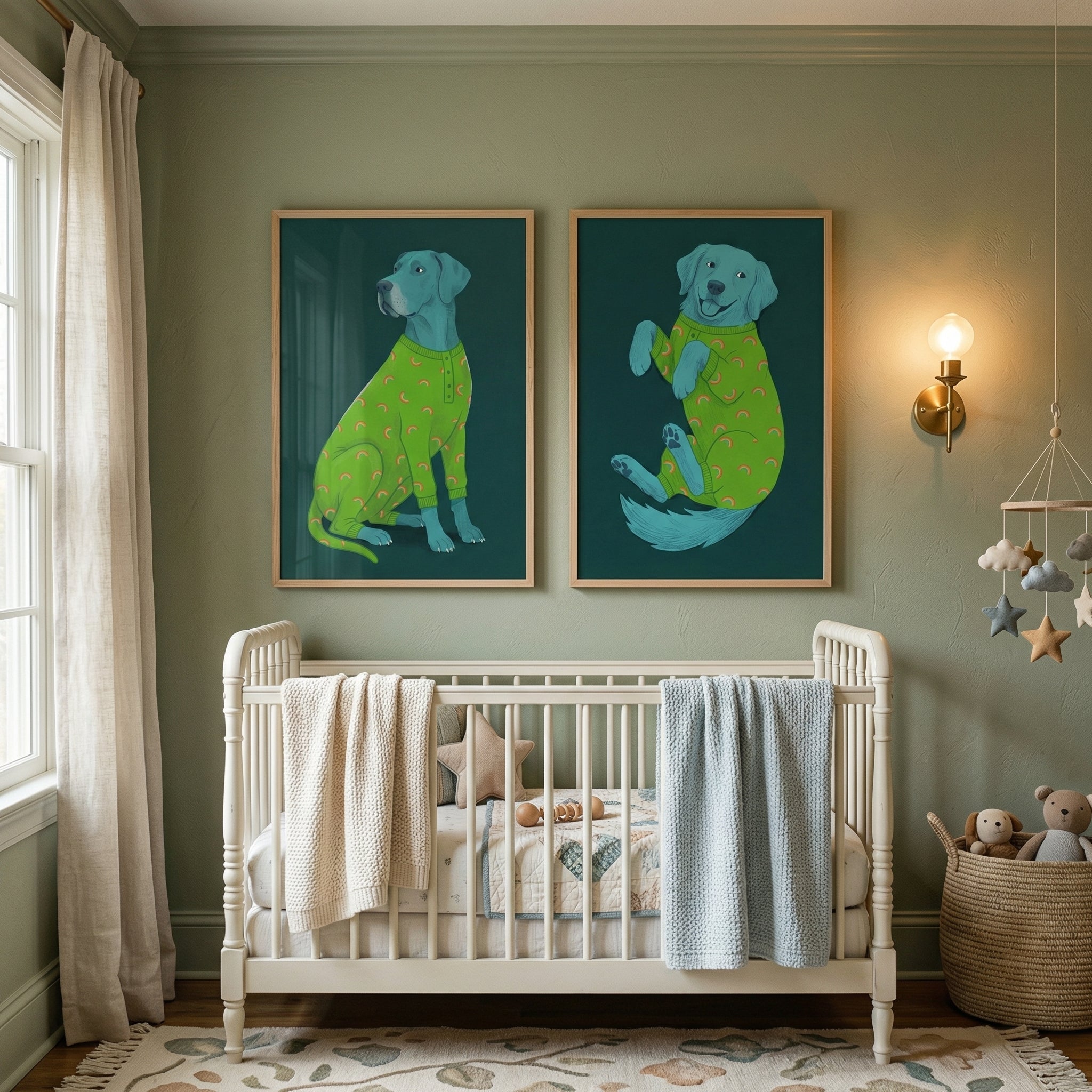 Rainbow Pajama Blue Dog Wall Art Set of 2 - Rainbow Sleepy Hounds