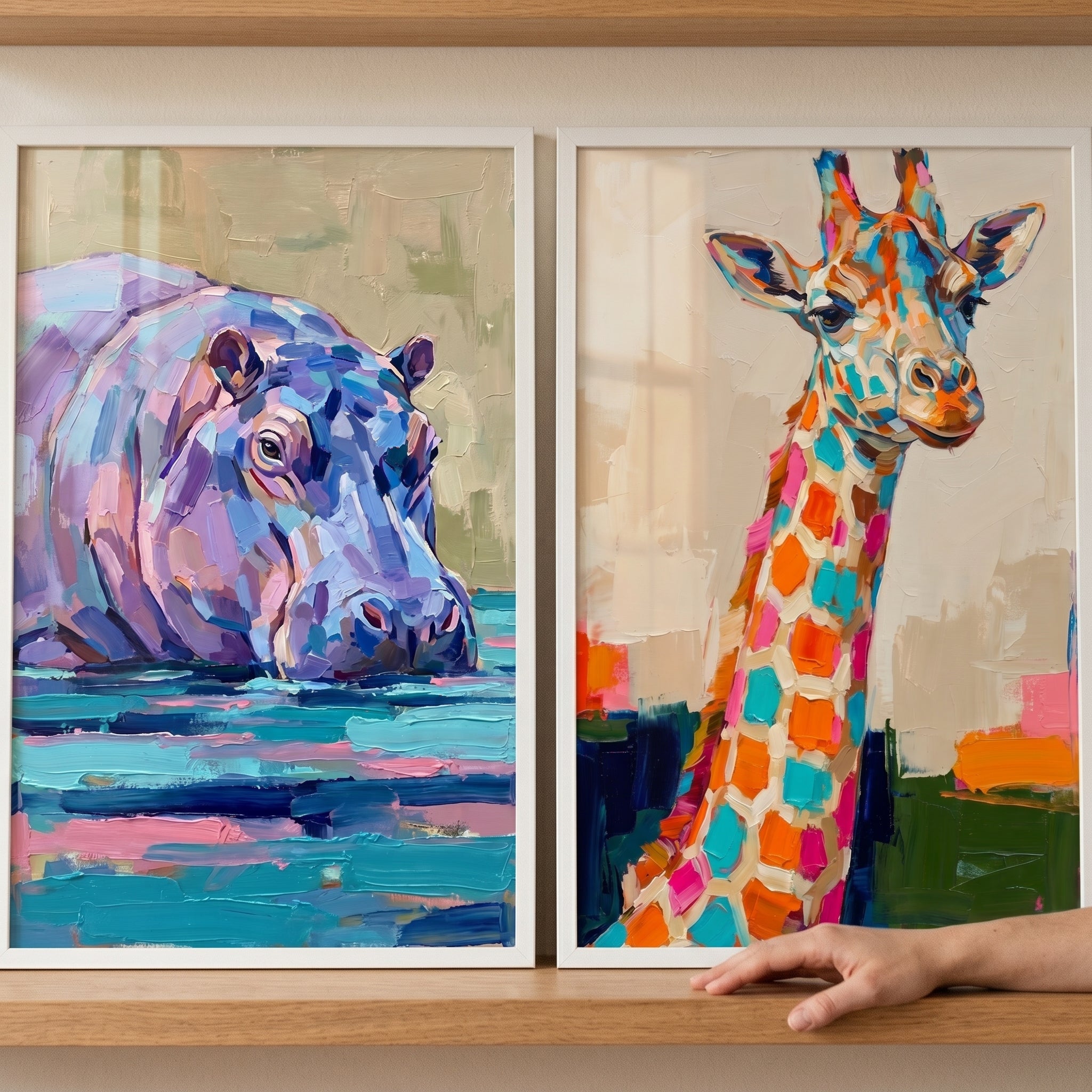 Rainbow Palette Knife Animal Wall Art Set of 2 - Vibrant Safari Duo