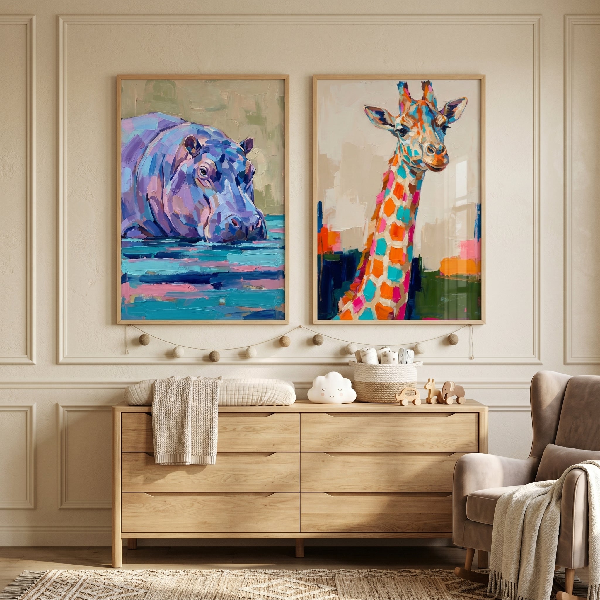 Rainbow Palette Knife Animal Wall Art Set of 2 - Vibrant Safari Duo