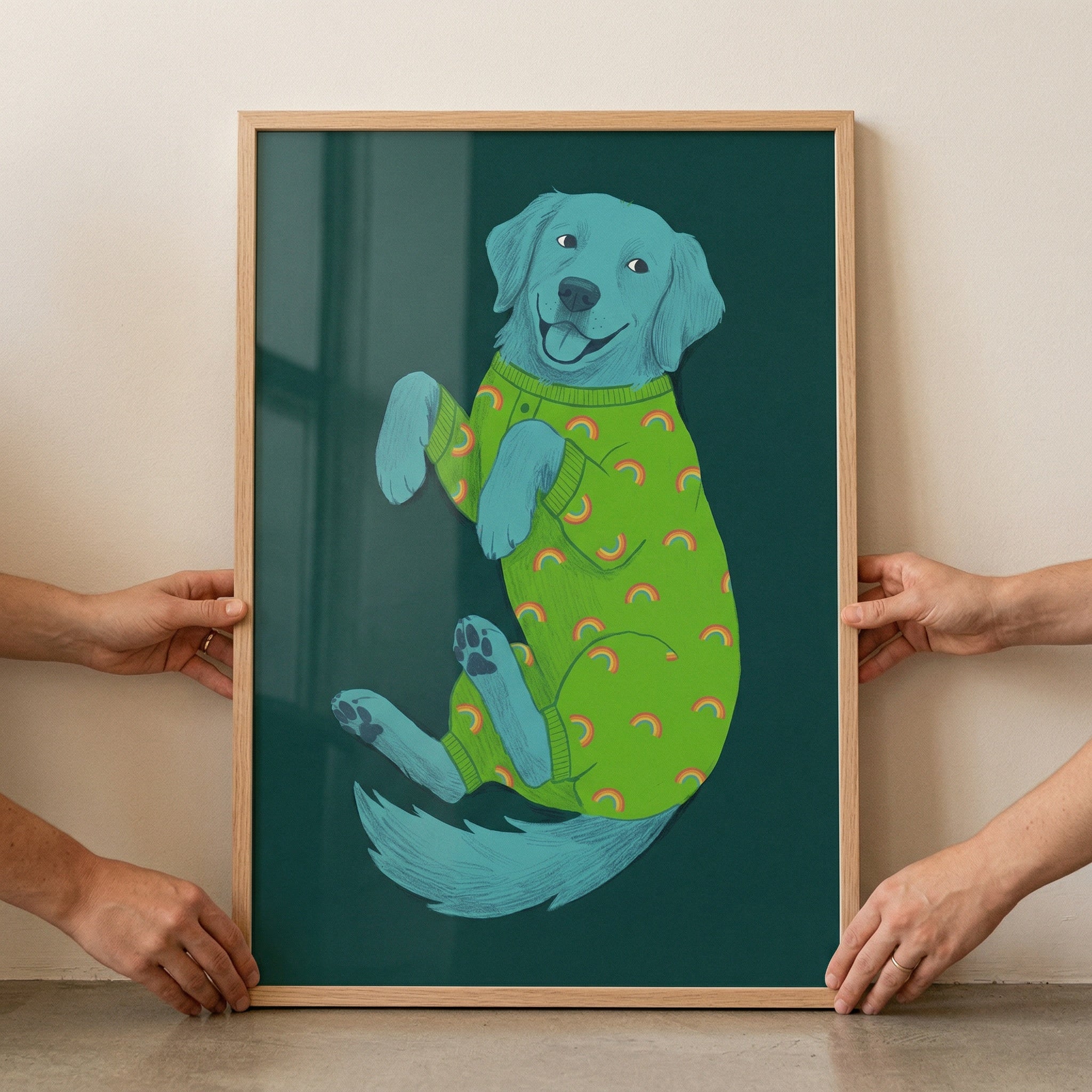Rainbow Pattern Teal Dog Wall Art - Rainbow Puppy Jams