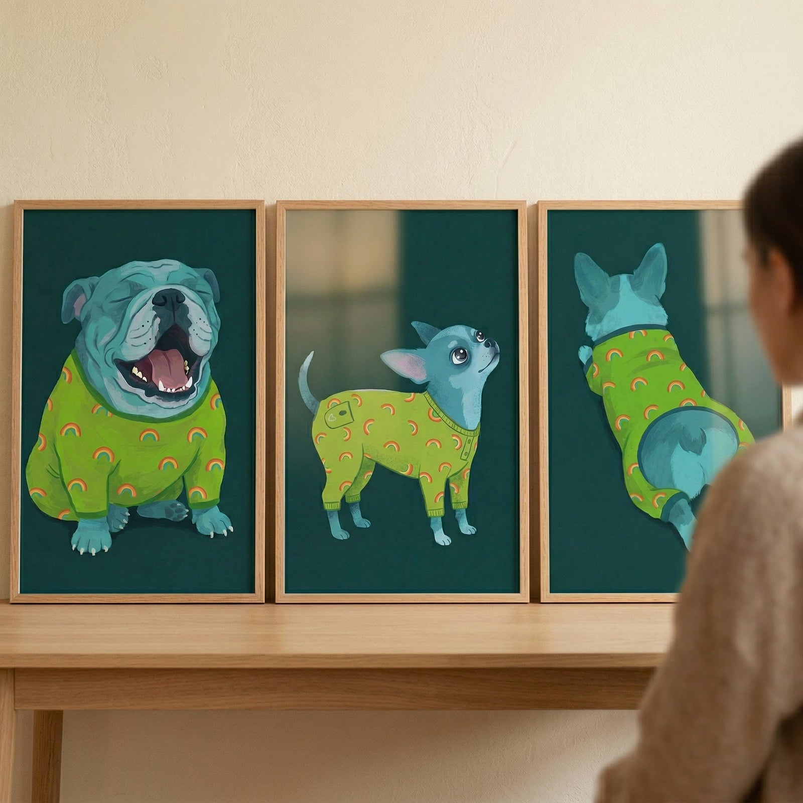Three framed illustrations are lined up on a light-colored wooden table, viewed by a person whose back is to the camera. Each piece of artwork features a stylized dog with blue fur set against a dark teal background. 