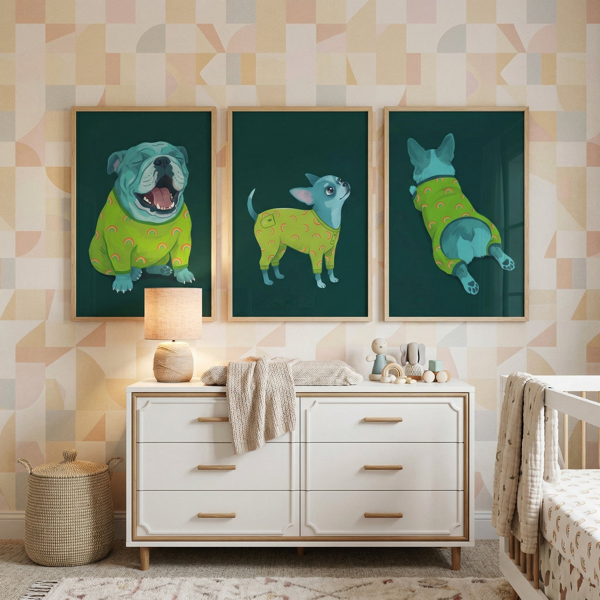 Rainbow Patterned Blue Dog Artwork Set of 3 - Cozy Blue Canines