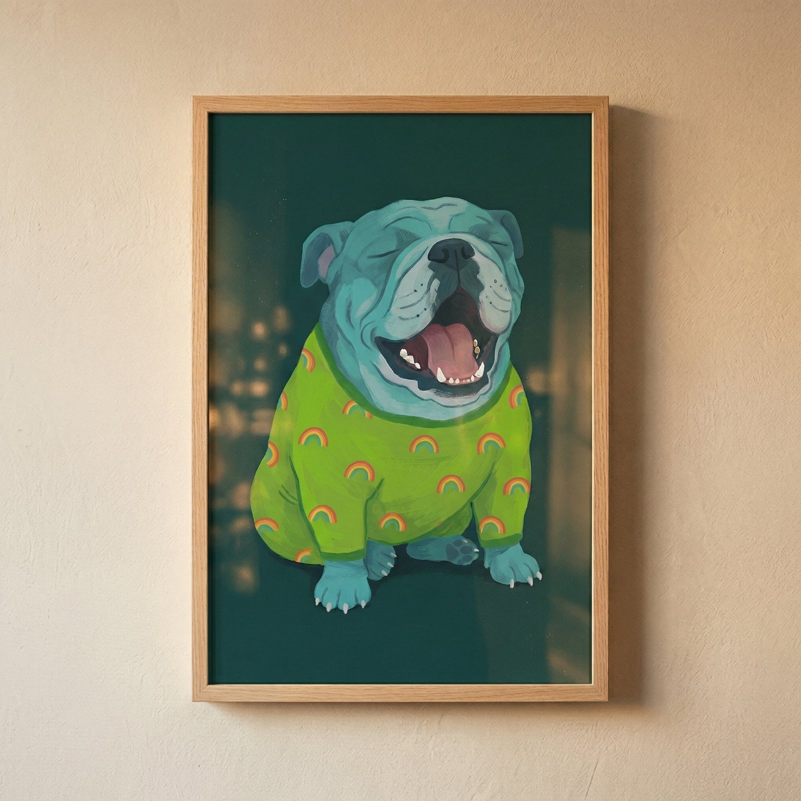 A digital illustration of a light blue bulldog sitting and yawning with its mouth wide open and eyes closed. The dog is wearing a vibrant lime green sweater decorated with a pattern of small orange and yellow rainbows. The background is a solid dark emerald green. 