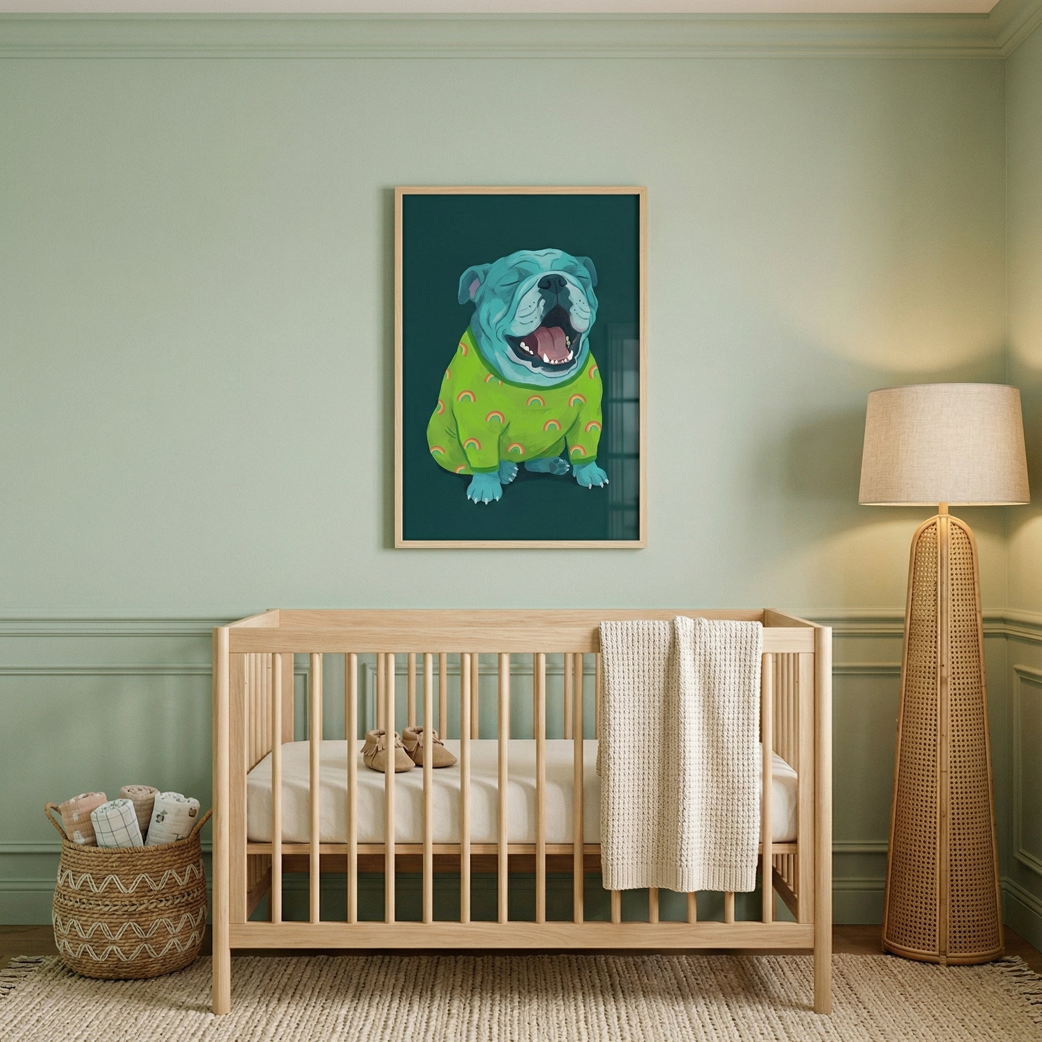 A serene nursery setting features a soft sage green wall with delicate panel molding. Centered above a light-colored wooden crib hangs a framed piece of vibrant digital art. The artwork showcases a stylized, teal-blue bulldog with a happy expression, dressed in a bright green sweater covered in small rainbow patterns. 