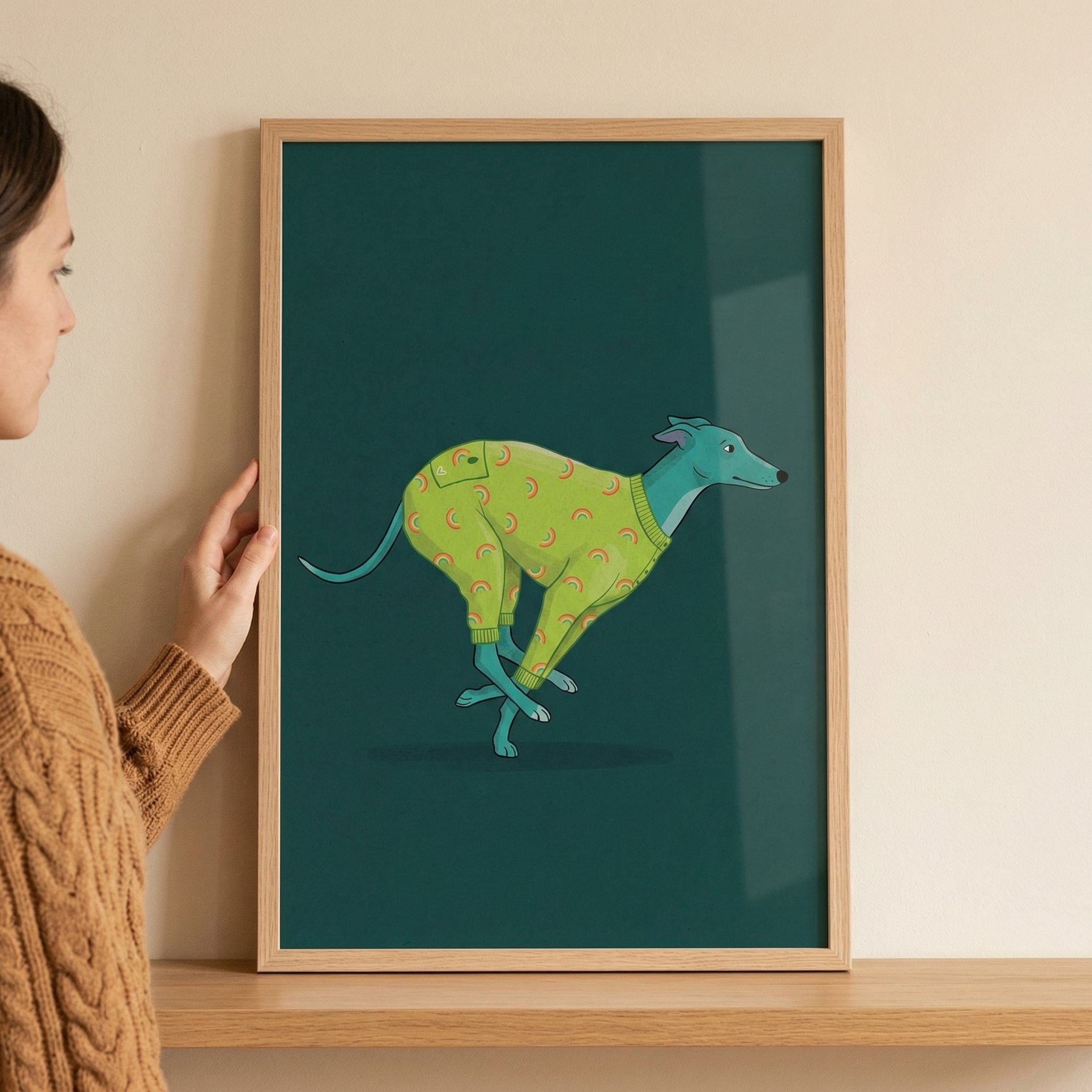 Rainbow Sweater Running Greyhound Wall Art - Rainbow Onesie Sprint