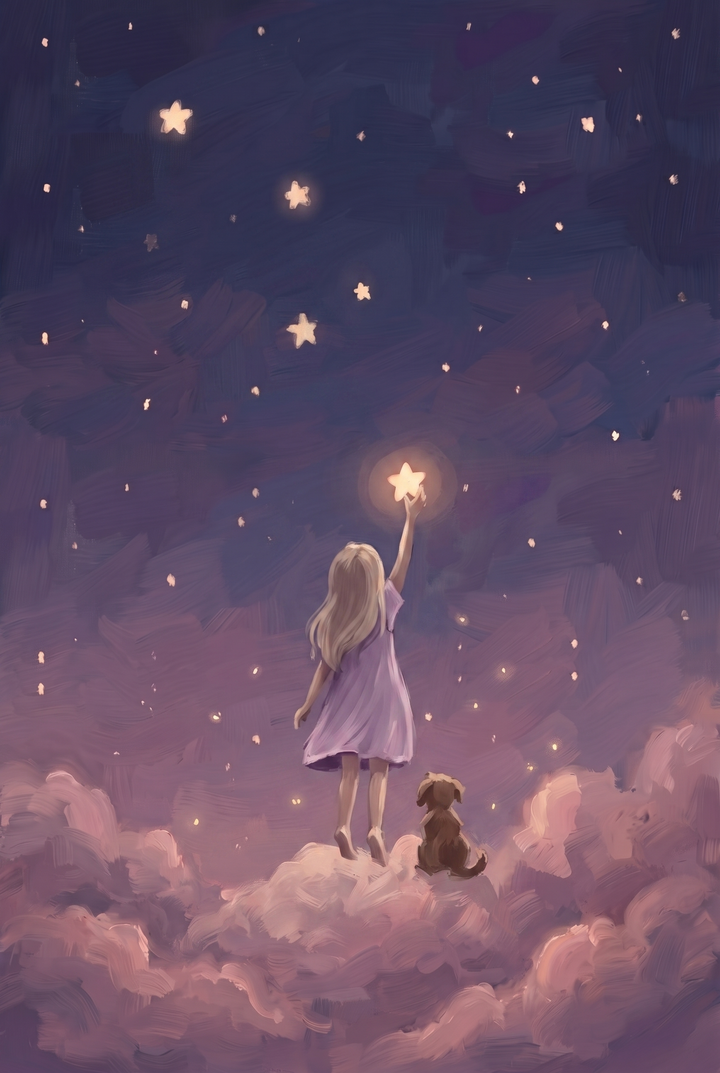 Girl and dog on pink clouds reaching for star girl space wall art under a dark purple starry sky.