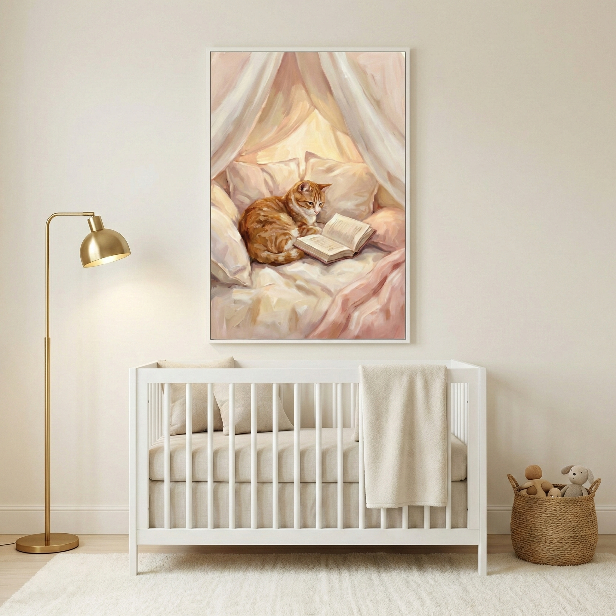 A serene nursery scene features a white wooden crib set against a neutral wall. Hanging above the crib is a vertical framed illustration of an orange tabby cat resting on plush white bedding under a light canopy, appearing to read an open book. To the left is a gold-finished arched floor lamp, and to the right is a small woven basket holding two soft animal toys. The entire scene is set on a light-colored rug, creating a warm and peaceful atmosphere.