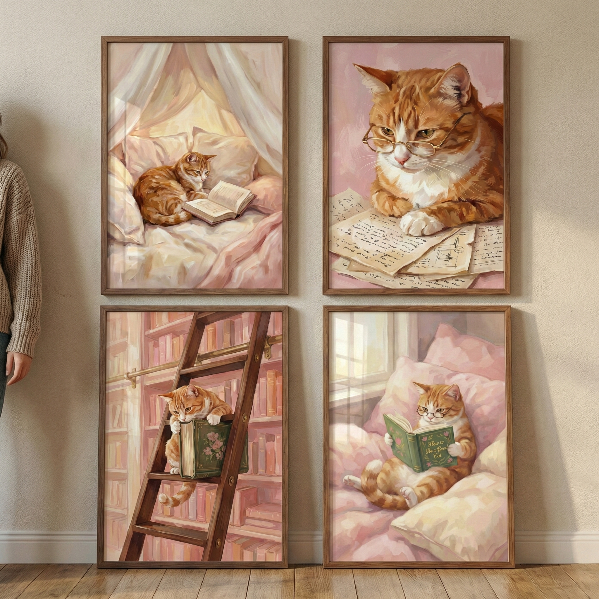 Reading Cat Wall Art Set of 4 - The Academic Feline