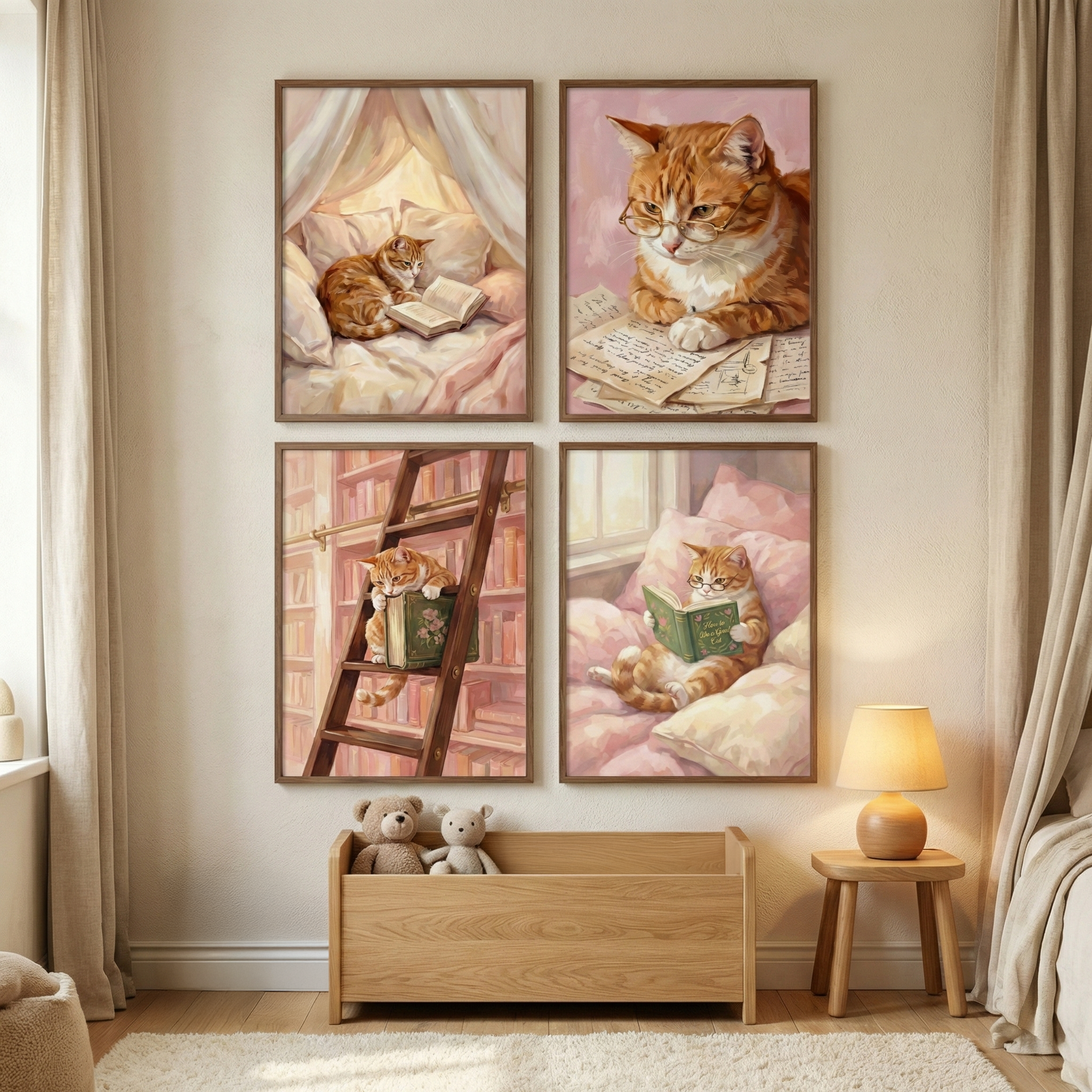 Reading Cat Wall Art Set of 4 - The Academic Feline