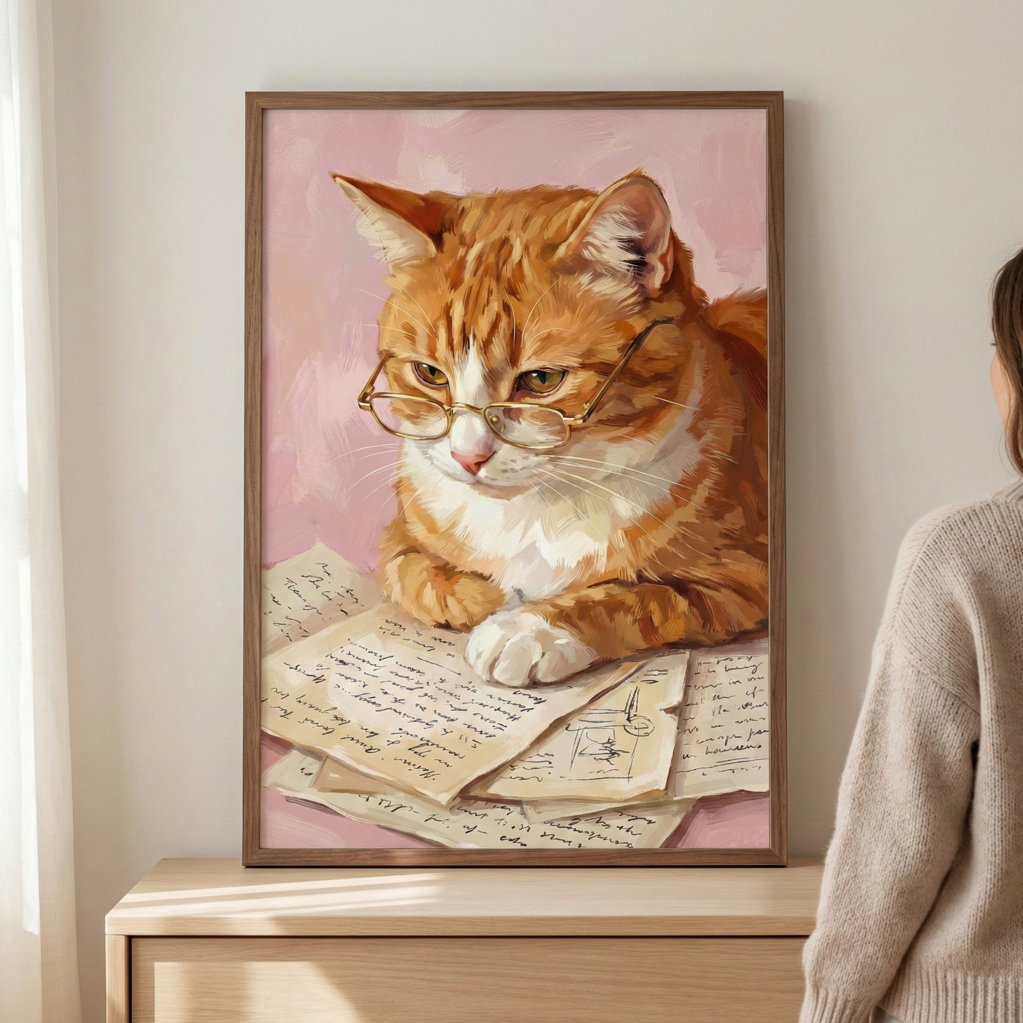 A framed artwork features an orange and white tabby cat wearing thin, gold-rimmed glasses while looking down at a stack of handwritten papers. One of the cat's white paws rests gently on the documents. The image is created with visible, textured brushstrokes against a muted pink background. The framed piece is displayed on a light wooden cabinet, with the shoulder of a person in a beige knit sweater visible on the right side of the frame.