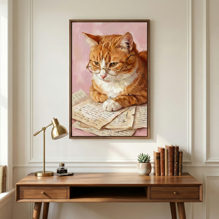 A vertical framed artwork hangs on a light-colored paneled wall, depicting an orange and white cat wearing gold-rimmed glasses while looking at old handwritten papers. The cat rests its paws on the papers against a textured pink backdrop. Below, a mid-century modern wooden desk holds a gold desk lamp, a small inkwell, a potted succulent, and a row of vintage books with brown spines. The room is brightly lit, creating a cozy and scholarly atmosphere.