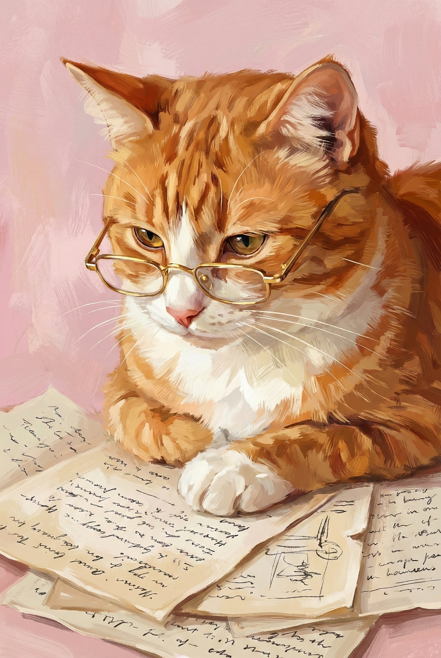 Close up of an orange tabby cat wearing gold rimmed glasses while resting its paws on handwritten pages. The pink background and scattered papers give the illustration a thoughtful and studious mood.

