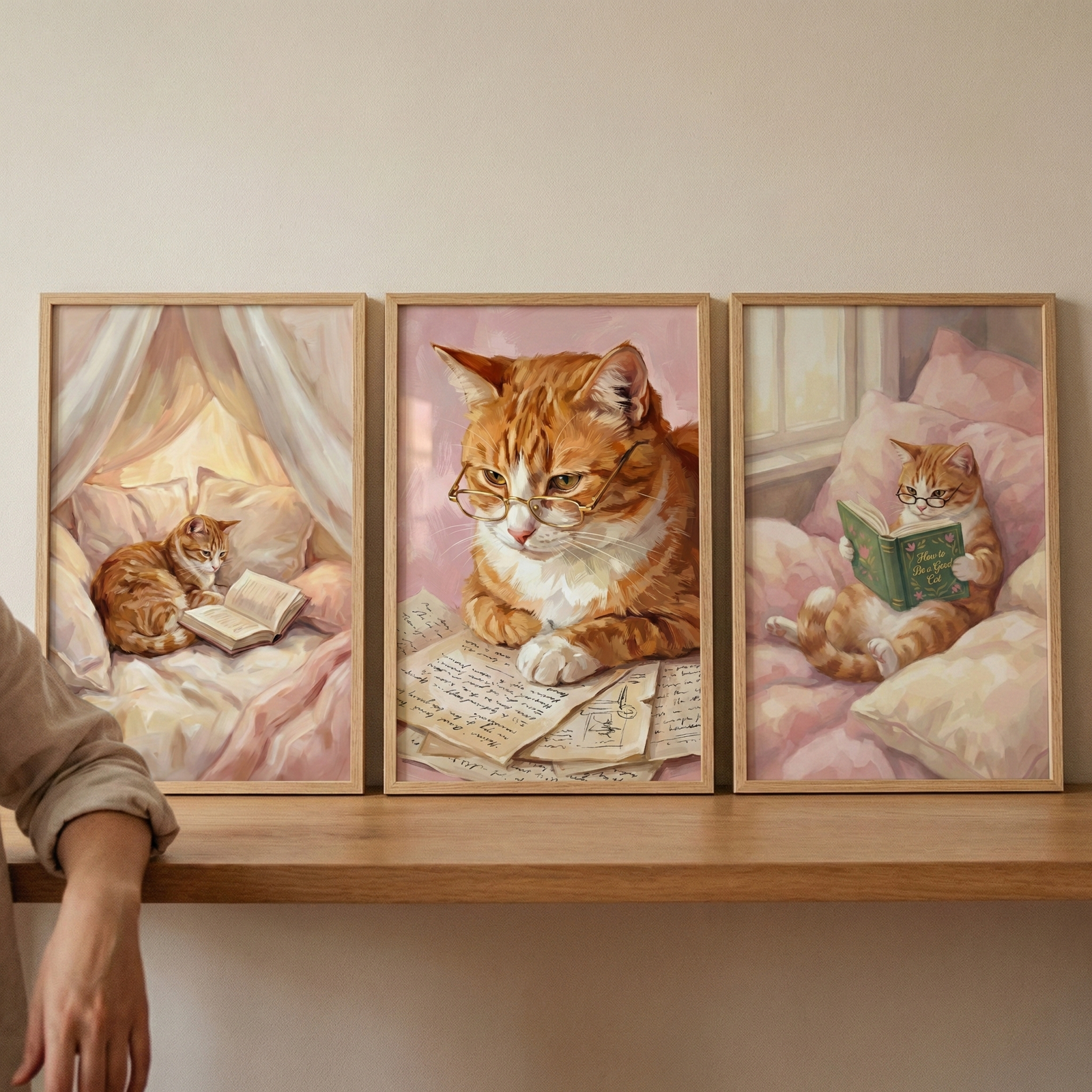 Three wooden-framed illustrations of a ginger tabby cat sit side-by-side on a light wood shelf against a neutral wall. The left piece shows the cat lying on a cozy, canopied bed next to an open book. The middle illustration is a close-up of the cat wearing round glasses, looking down at scattered handwritten letters. The right image depicts the cat sitting upright in plush pink bedding, wearing glasses while holding an open green book. Part of a person's arm is visible on the far left.