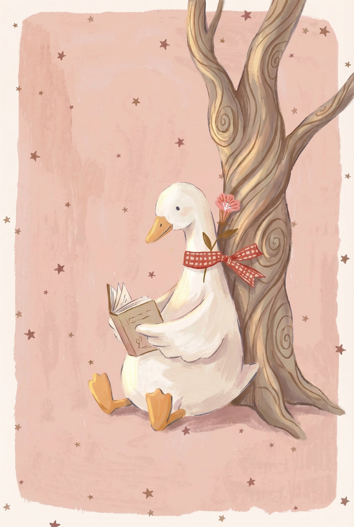 White duck wearing a red gingham scarf sits against a tree trunk and reads a small open book on a pale pink background with scattered star shapes.
