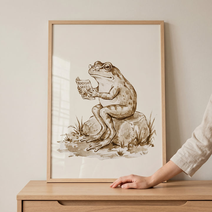 Framed reading radish seeds frog wall art shows a bespectacled frog sitting on a rock and reading a seed packet.