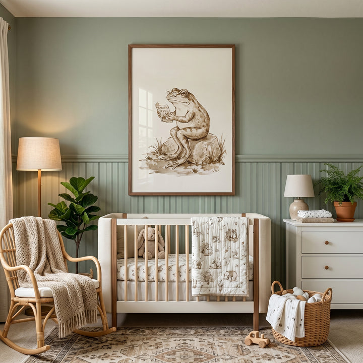 Sage green nursery with a white crib, rocker, and reading radish seeds frog wall art hanging on the wall.