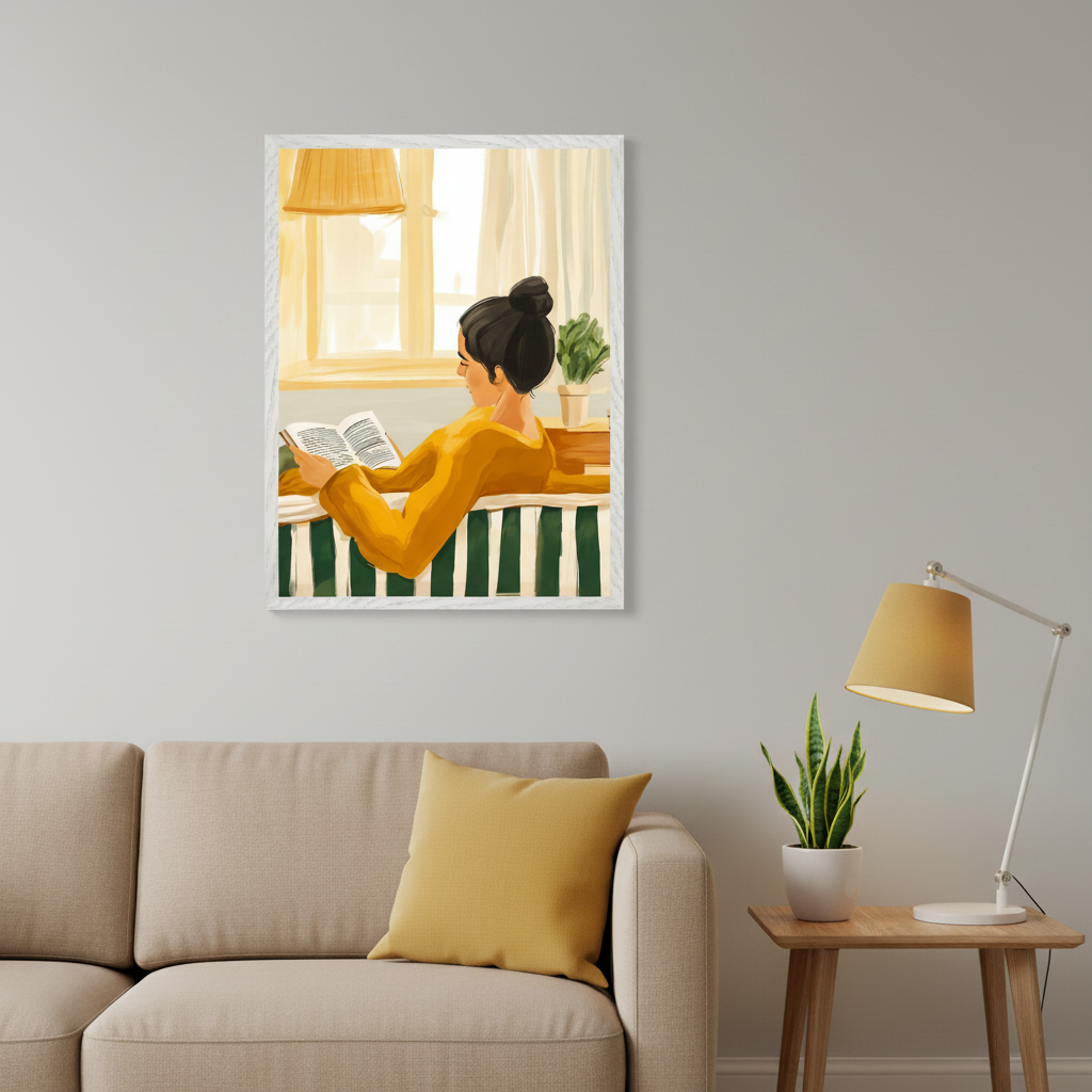 Living room with a beige sofa, yellow pillow, and a wooden side table with a lamp and plant. Above the sofa, a framed painting depicts a woman in a yellow shirt reading a book by a bright window, with a potted plant beside her. The painting has a painterly, illustrative style.