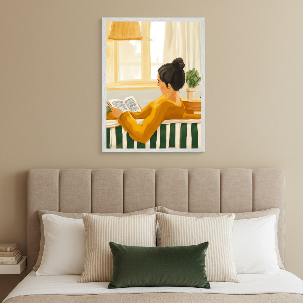 Modern bedroom with a beige upholstered bed. A framed painting of a woman reading a book by a window, in an illustrative style, hangs centered above the bed's headboard.