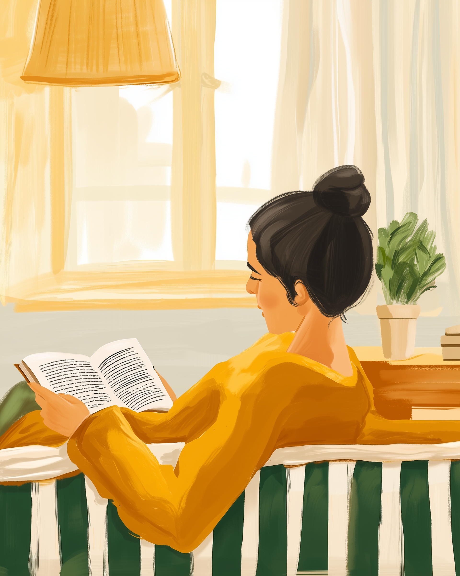 Illustration of a woman with a bun wearing a mustard yellow sweater, sitting on a green-and-white striped couch and reading a book. She’s lit by soft window light, with houseplants and books in the background.