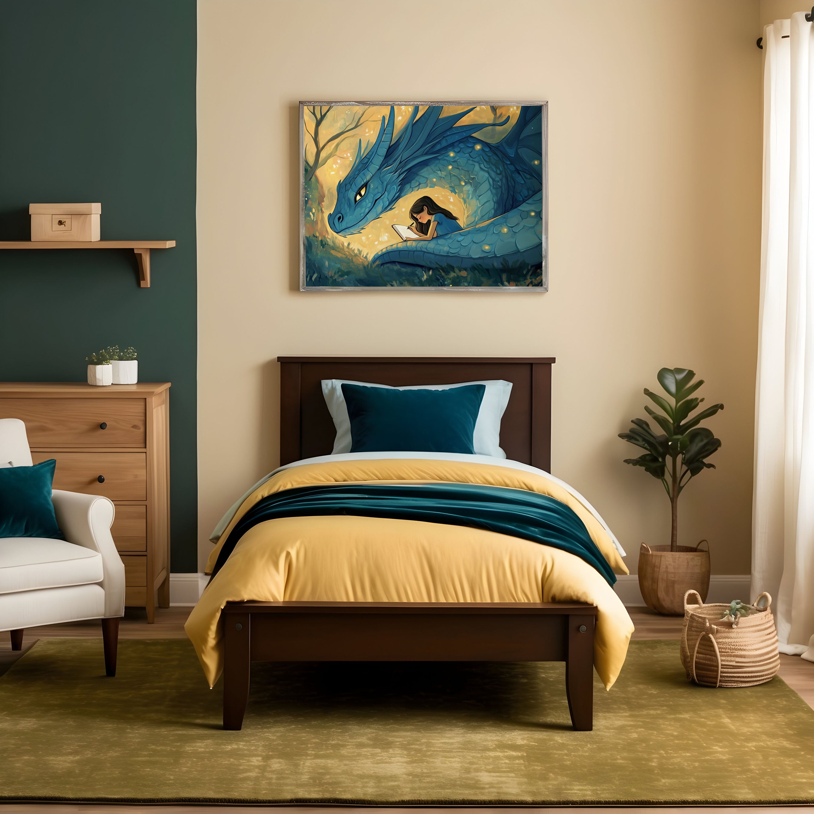 Cozy and colorful child's bedroom with cream and forest green walls, featuring a dark wood bed with golden yellow and teal bedding on an olive green rug. Above the bed, a framed illustration shows a girl peacefully reading while nestled beside a glowing blue dragon curled protectively around her in a magical forest setting.