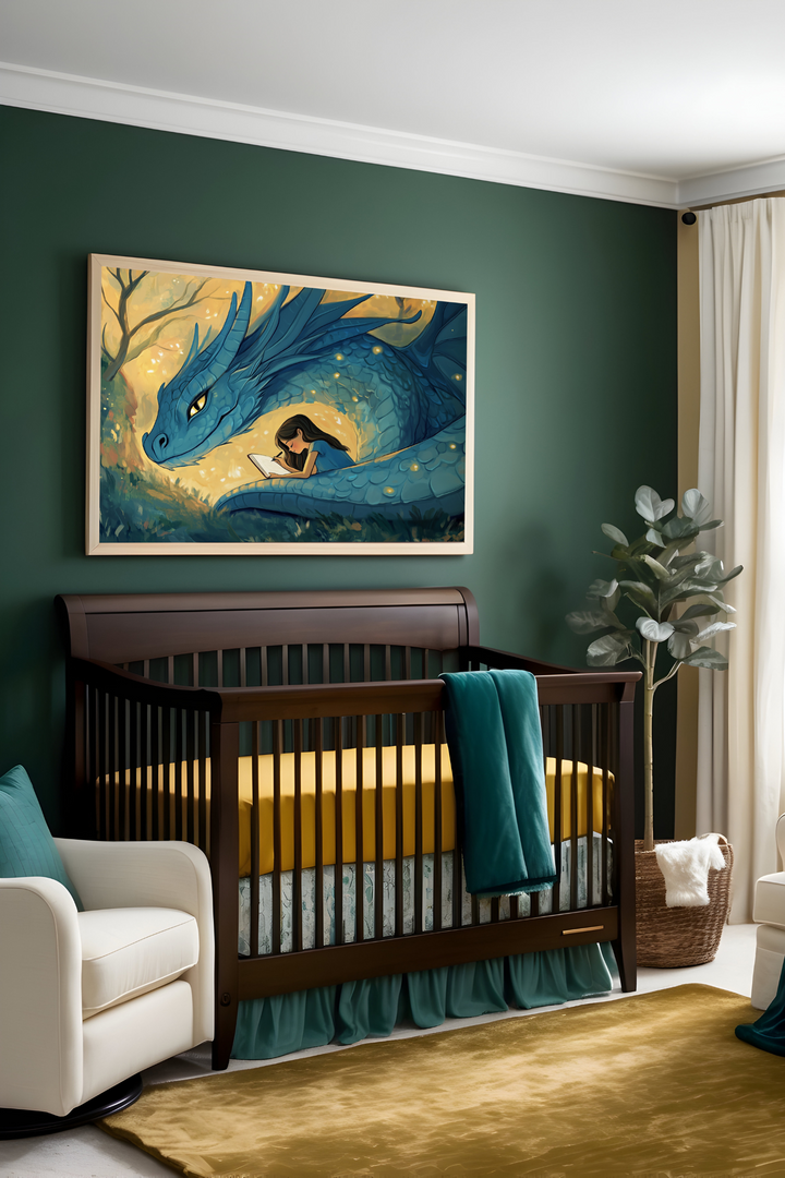 A cozy nursery featuring deep green walls, rich teal and mustard bedding, and plush decor elements, creating a comforting ambiance. Above the crib is a captivating painting of a young girl quietly reading within the protective curl of a gentle blue dragon, set in a glowing forest, inspiring calm and imagination.