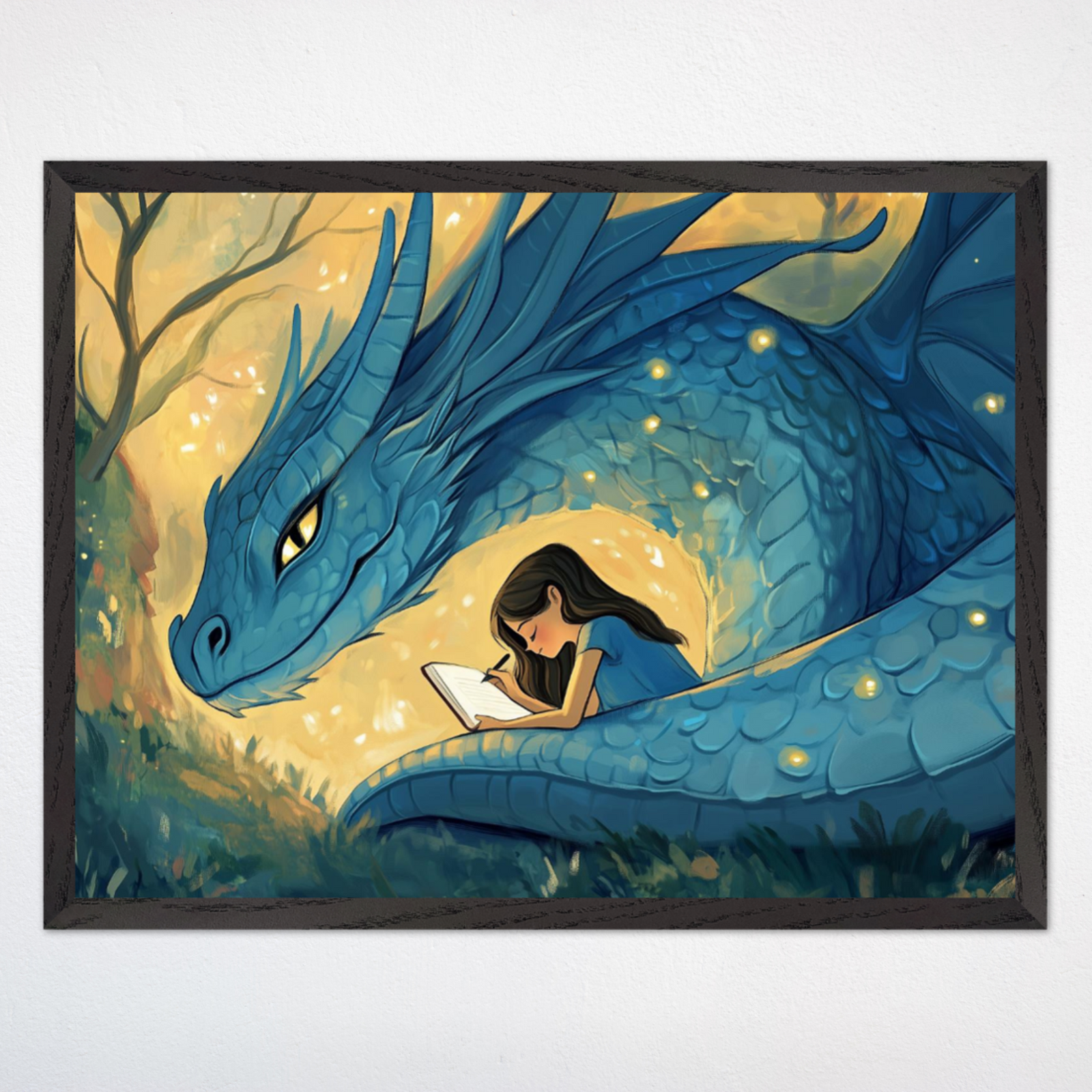 Illustration of a girl in a blue dress writing in a notebook while nestled against the curled body of a large blue dragon glowing with soft golden lights. The scene is set in a twilight forest, creating a peaceful and imaginative atmosphere filled with creativity and companionship.