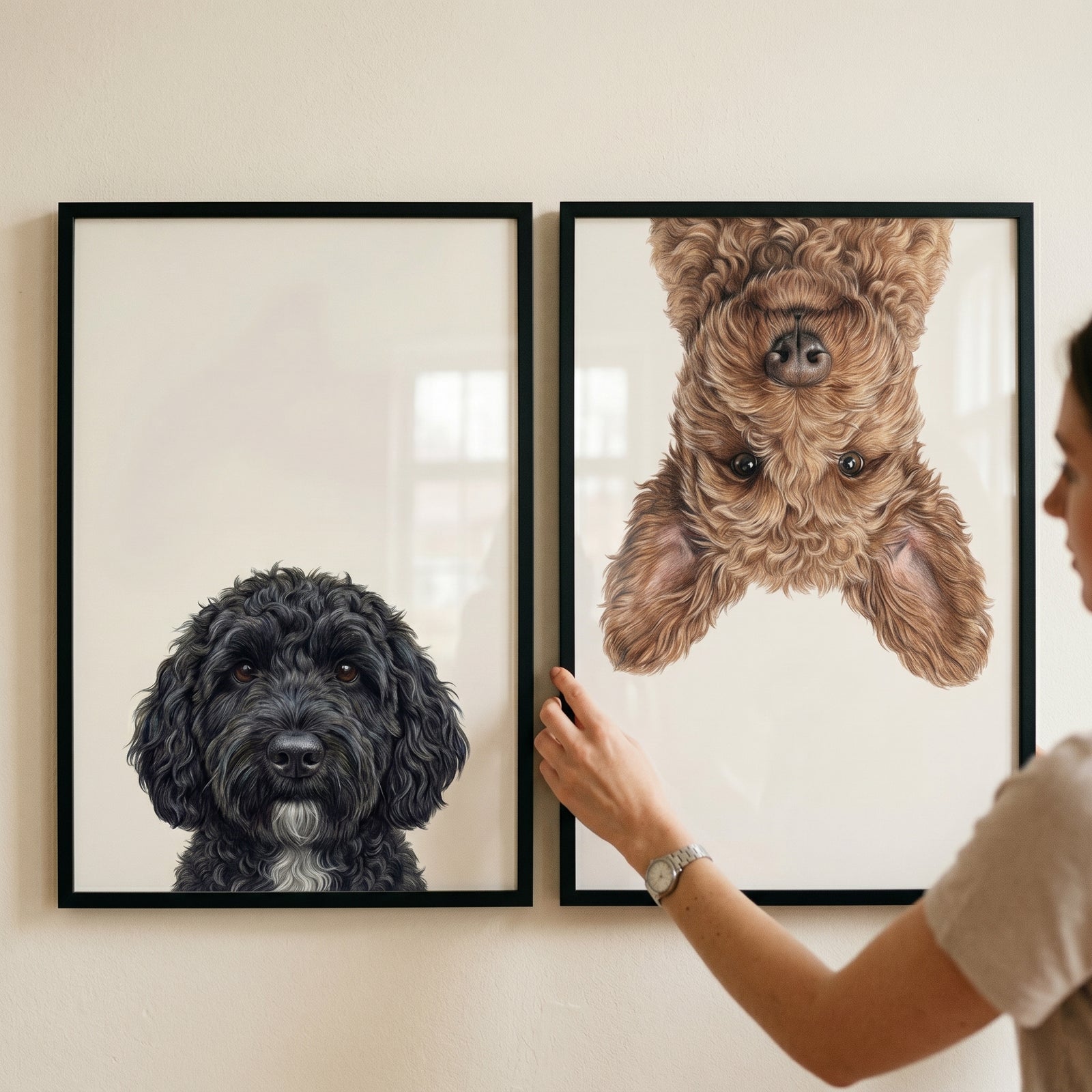 Realistic curly doodle dog wall art set of 2 with a black dog and an upside-down brown dog on a neutral wall.