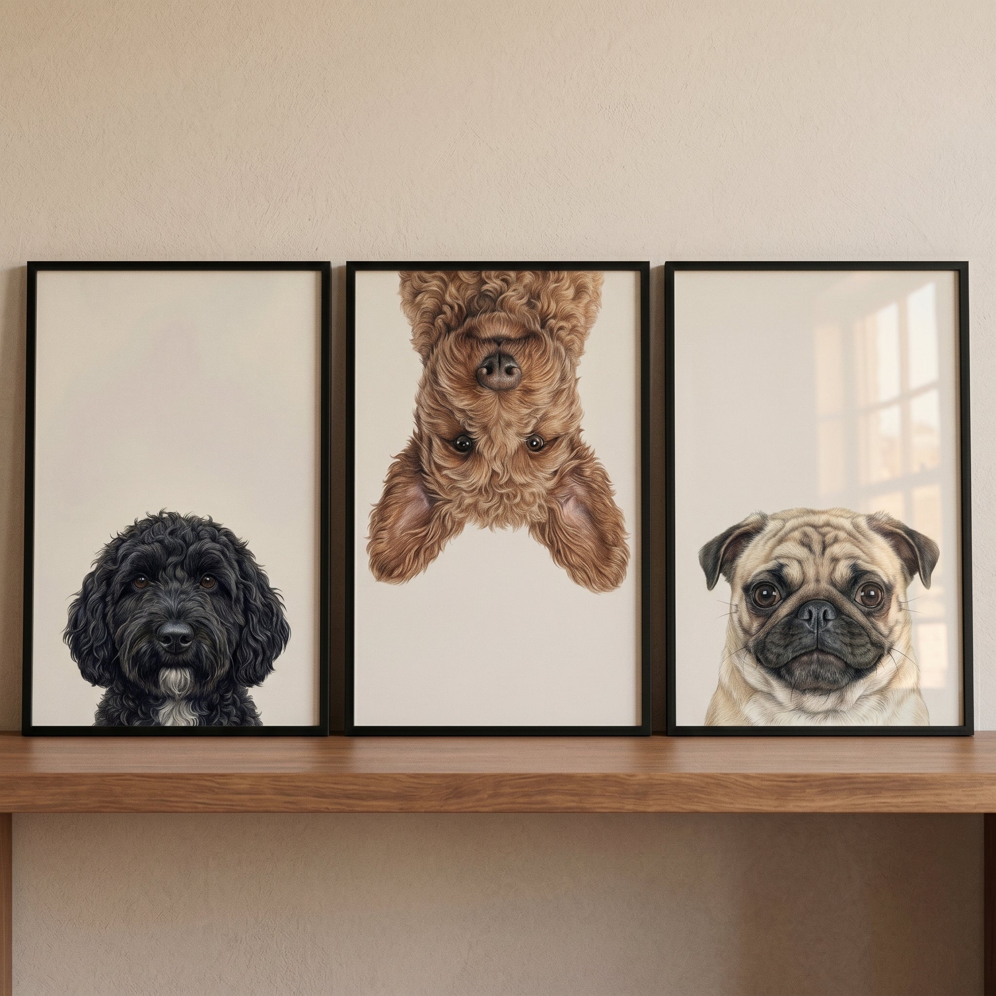 Realistic Multi Breed Dog Artwork Set of 3 - Playful Canine Trio