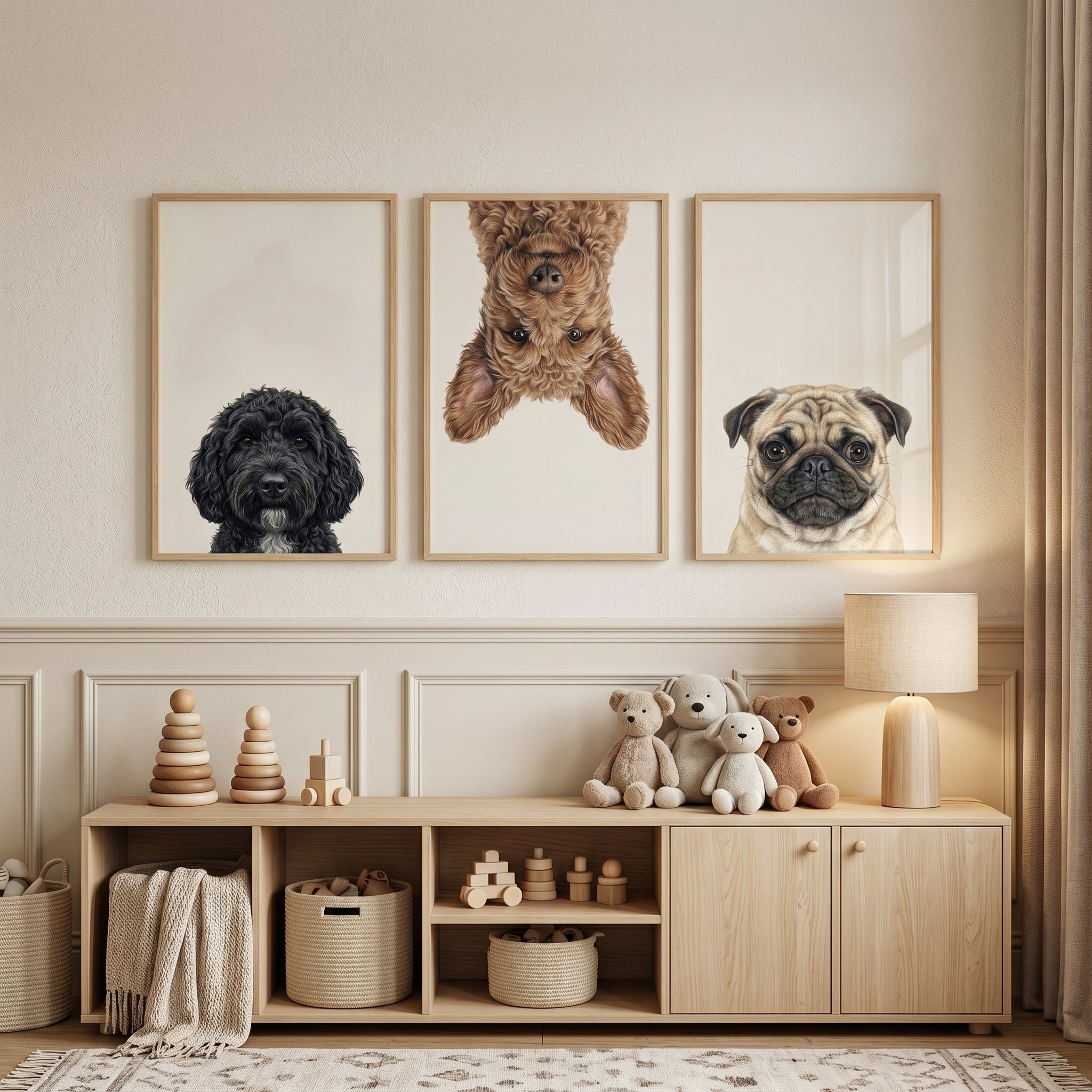 Realistic Multi Breed Dog Artwork Set of 3 - Playful Canine Trio