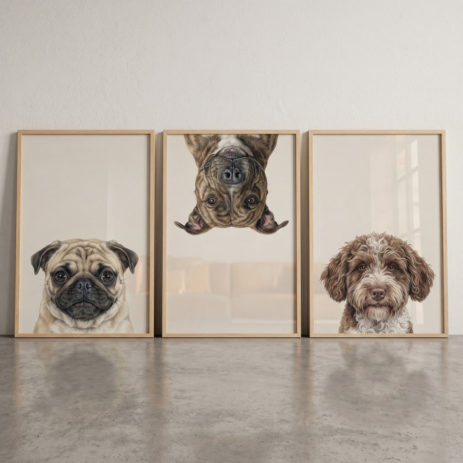 Realistic neutral pet dog wall art set of 3 with a pug, an upside-down brindle dog, and a fluffy brown and white dog.